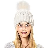 HOKEMP Womens Winter Beanie Hat, Satin Lined Women Hat Faux Fur Pom Pom Beanies Women Warm Knit Hats Warm Cap