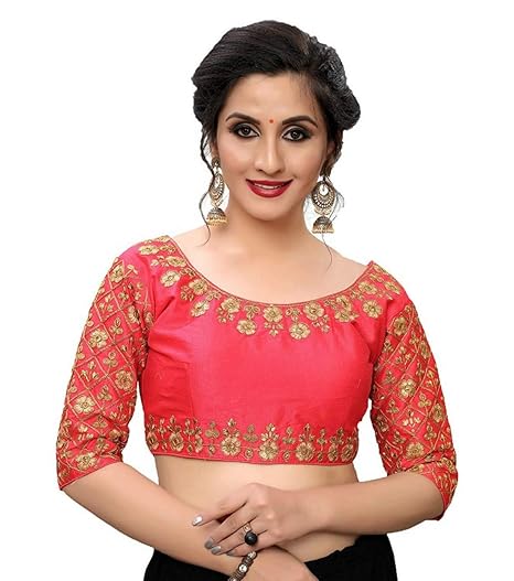 Women's Round Neck & Rose Flower Hand Embroidery and Sequins Work Designer Stitch Readymade Blouse For Saree And Lehenga Choli(38+4 inch margin)