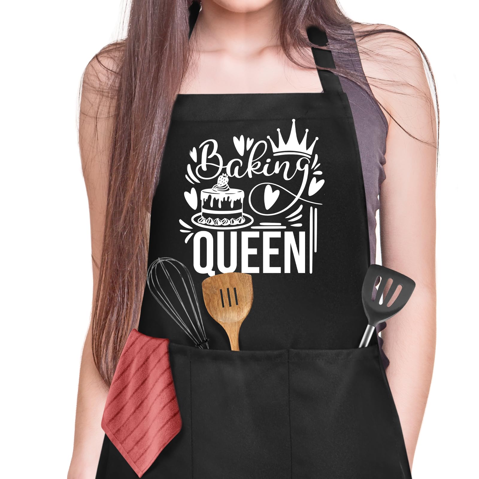 Jiusely Funny Baking Apron for Women, Baking Queen Cooking Apron with 3 Pockets, Unisex Waterproof Kitchen Apron for Baker,