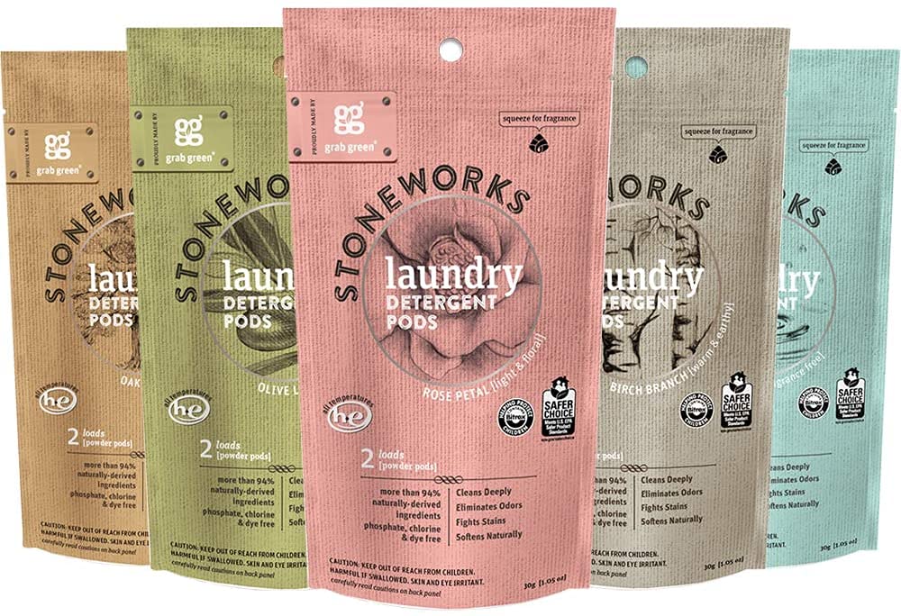 Grab Green Stoneworks Laundry Detergent Pods Sample Kit, 10 Count, Birch Branch, Fragrance Free Rain, Oak Tree, Olive Leaf, Rose Petal Scents, Plant a