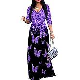SUZONANA Plus Size Dresses for Women Print Maxi Dresses Flowy 3/4 Sleeve with Belt