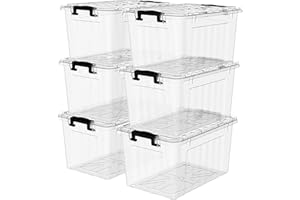 Cetomo Plastic Storage Bin Box Stackable and Nestable with Lid and Secure Latching Buckles, Clear, 18Qt x 6, Pack of 6