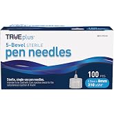TRUEplus 5-Bevel Sterile Pen Needles, 31G x 8mm (5/16 Inch), 100 Count | For Use with Pen Injection Device, Single-Use Needles, Compatible Thread with Major Pen Devices, Silicone Coated