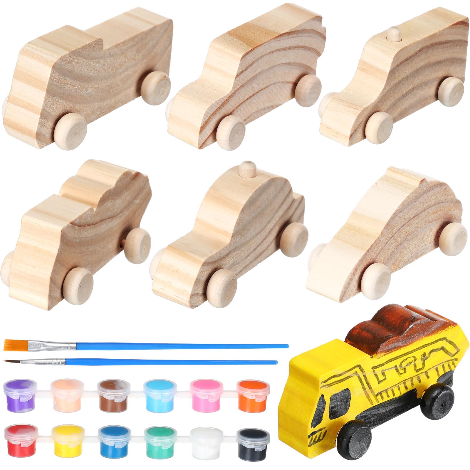 Photo 1 of Lenwen 6 Pcs Large Unfinished Wooden Car to Paint 4'' Wood DIY Car Toys and 12 Color Acrylic Paint Set for Student Easy Woodworking Set Family Activities Arts and Crafts Kit