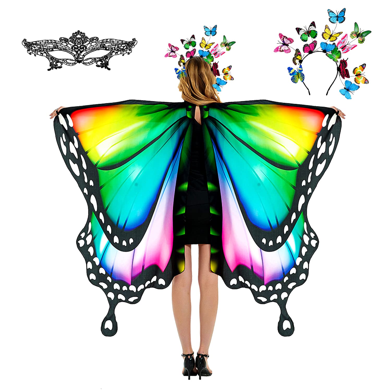 plainshe Butterfly Wings, Fairy Wings for Adults, Butterfly Costume, Halloween Costumes for Women, 3PCS Butterfly Cape Set. (Rainbow Colors 3) — image 1