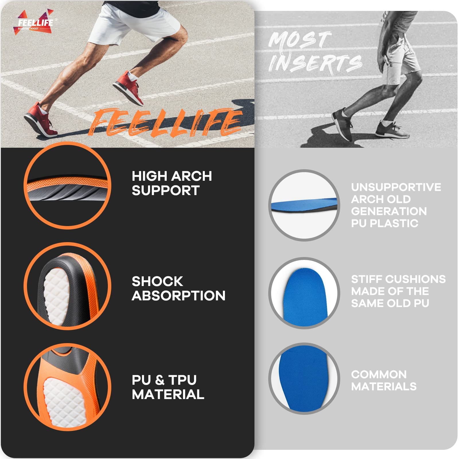 FEELLIFE FEELLIFE Plantar Fasciitis Relief Shoe Insoles [1-Pair], Arch Support Insoles, Running Athletic Gel Shoe Inserts, Orthotic Inserts for Arch Pain [Trim to Fit: Men 8-12/Women 9-13]