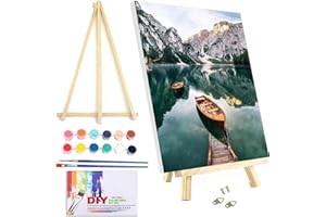 VIGEGU Paint by Numbers Kit for Adults Beginner with Framed Canvas - with Wooden Easel,Mountain Lake Ship DIY Oil Painting, with Acrylic Paints Brushes Nice Gift Box 7.8x11.8in