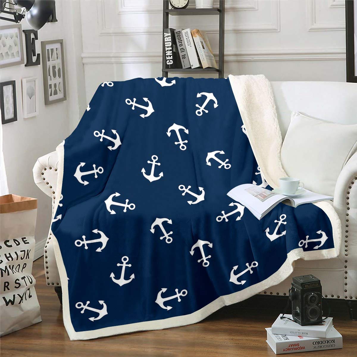 Loussiesd Nautical Fleece Throw Blanket - Ocean Anchor Decor Sherpa for Sailor Pirate Captain - Sea Adventure Fuzzy Plush for Sofa Bed Couch - Kids Boys Double 60x79 Inch, Navy Blue