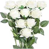 JUSTOYOU 10Pcs Artificial Roses Flowers, Realistic Blossom Roses, Real Touch Silk Rose, Single Fake Flower Long Stem Bouquets for Home Wedding Party Decoration