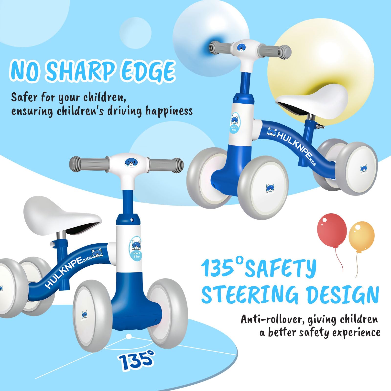 HULKNPE Baby Balance Bike for 1 Year Old Boys Girls, 12-24 Month Toddler Balance Bike with 4 Wheels, Adjustable Seat & Handlebar, First Birthday Gifts