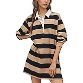 Burtell Striped Polo Shirts Mini Dresses for Women Button V Neck Long Sleeve Short Dress Color Block Pullover Sweatshirts Top