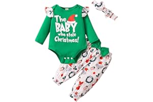 Kislio Newborn Baby Girl Christmas Outfits Infant Ruffle Sleeve Romper Printed Pants Headband Toddler Girl Clothes Gift Set