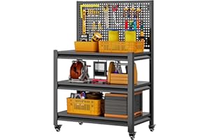 JAQIUMN Heavy Duty Workbench with Pegboard, 3000LBS Capacity Adjustable Shelving Work Table, Mobile Workstation with Lockable Wheels for Garage Warehouse Workshop Office, 47.2" H x 33.5" W x 18" D, Black