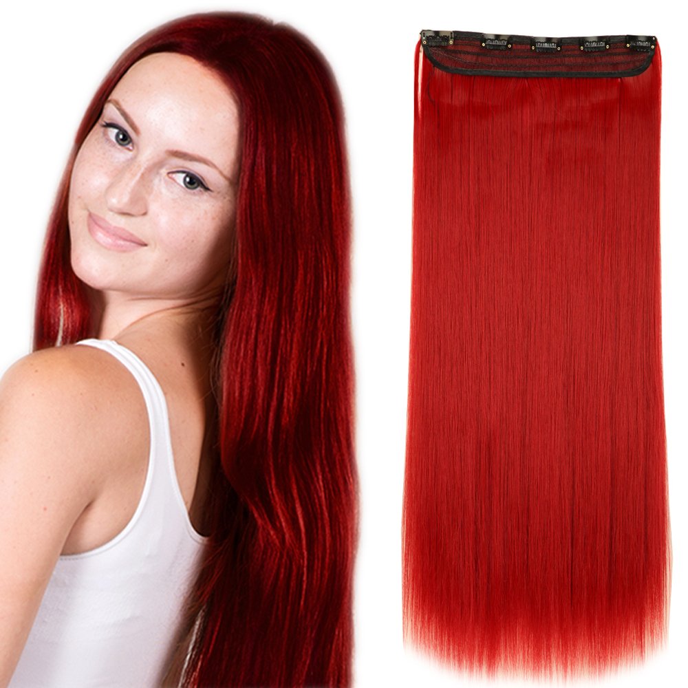 Hair Extensions Clip in Straight Silky One Piece - 26"/66CM Dark Red - Hair Pieces Synthetic Hair For Women Beauty