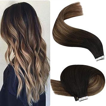 youngsee tape in extensions echthaar balayage schwarz bis dunkelbraun mit aschblond remy glue in haare verlangerung 20 tressen 50g ombre skin weft