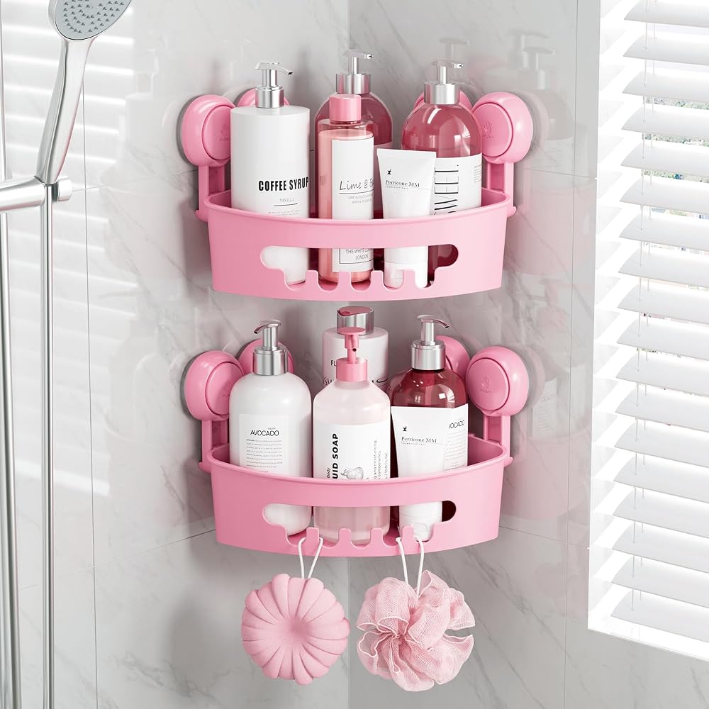 TAILI Shower Corner Shelves 2 Pack Suction Caddy Pink 3.2x8.7x10.6 in