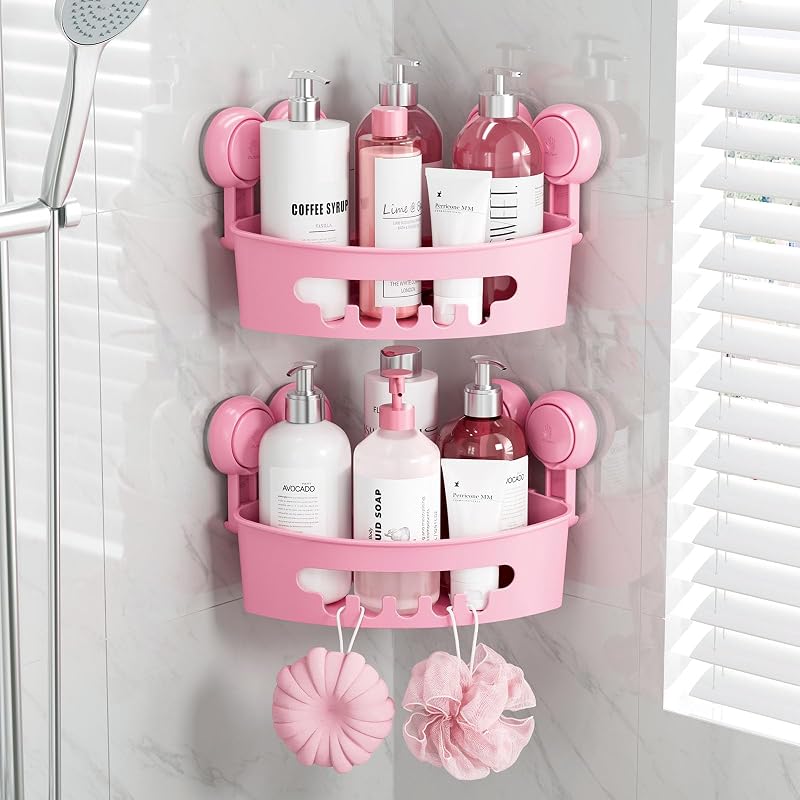 TAILI Shower Corner Shelves 2 Pack Suction Caddy Pink 3.2x8.7x10.6 in