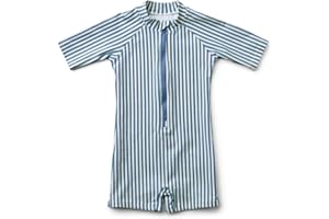LDIOIF Toddler Boy One Piece Swimsuit Zipper Rashguard Full Body Sunsuit Stripe Seersucker Swimwear Short Sleeve Bathing Suit