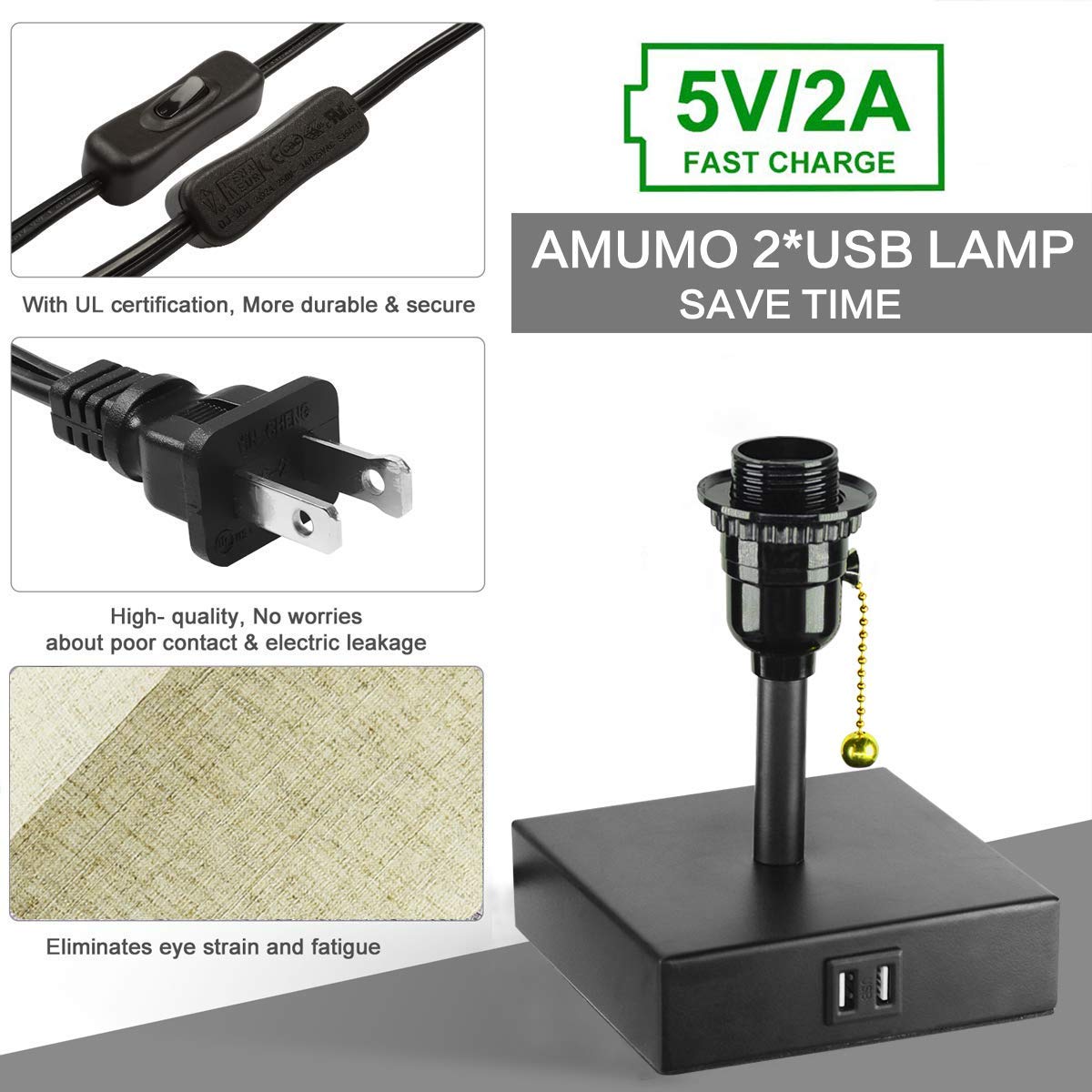 Dual USB Table Desk Lamp, Bedside Nightstand Lamp, Fabric Unique Lampshde,Convenient Pull Chain for Bedroom Living Room(Pack of 2) TY-801