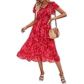 BTFBM Women Casual Summer Short Ruffles Tiered Sleeve Smocked Midi Dresses Bohemian Floral V Neck Wedding Guest Long Dresses