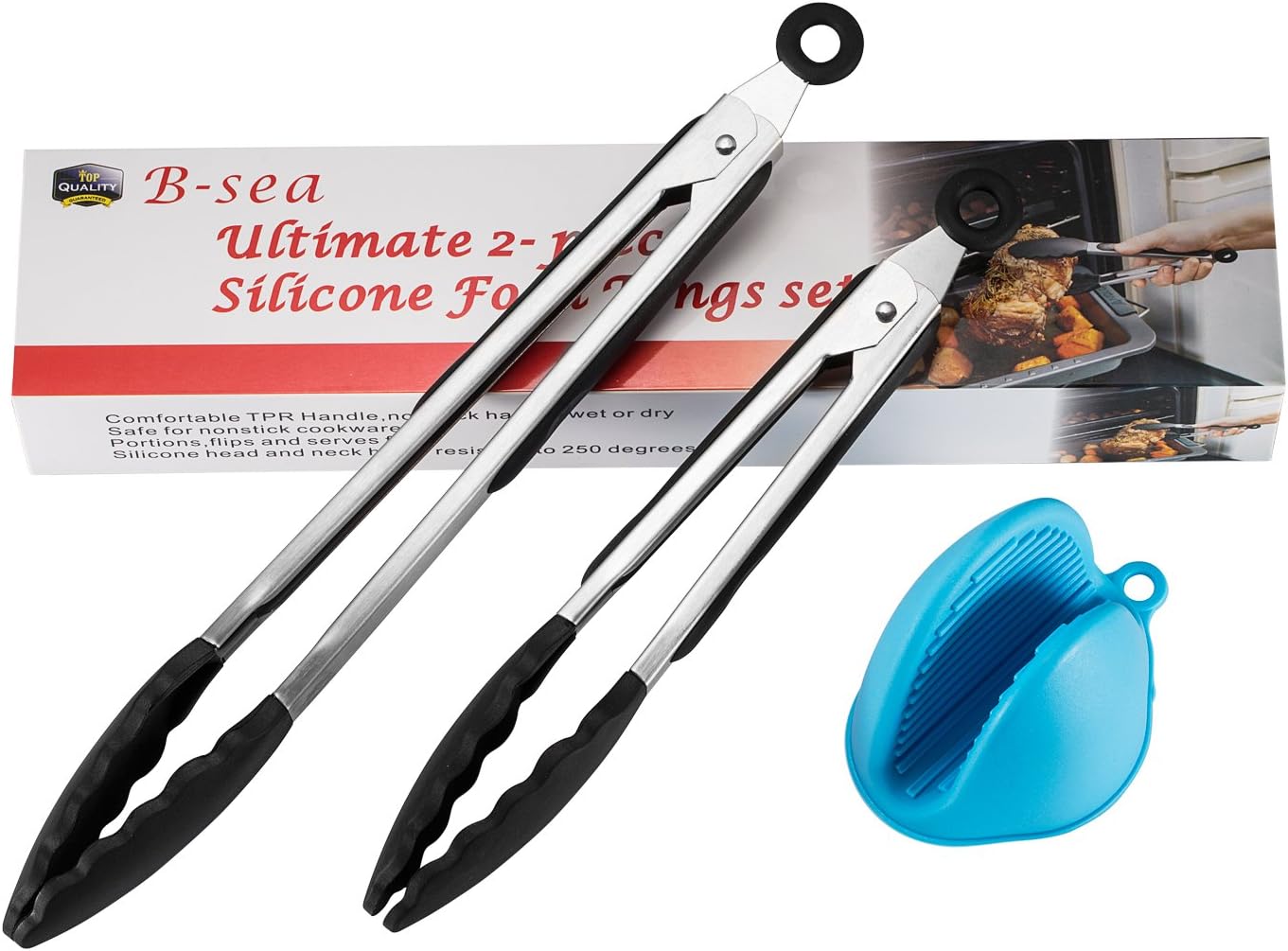 B-sea Kitchen Tongs, Easy Grip Silicone Cooking/Food Tongs, Bonus Silicone Oven Mitt, Pack of 2, Black
