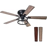 Breezary 52 Inch Flush Mount Farmhouse Rustic Ceiling Fan with Light and Remote, Reversible AC Motor, 5 Dual Finish Blades, I