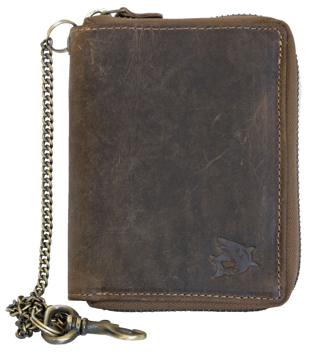 FLW Men's Natural Genuine Leather Wallet with Metal Zipper Around with Shark with Chain