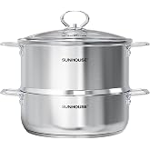 SUNHOUSE 9.3 QT Stainless Steel Steamer Pot for Cooking with Glass Lid | Steaming Pot with Glass Lid &amp; Steamer Basket