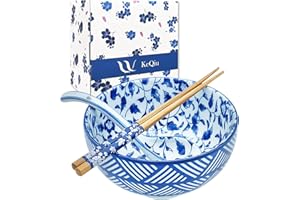 Japanese 28 Oz Ceramic Ramen Noodle Soup Cereal Pho Rice Salad Bowl Set with Chopsticks and Spoons (Floral Striped)