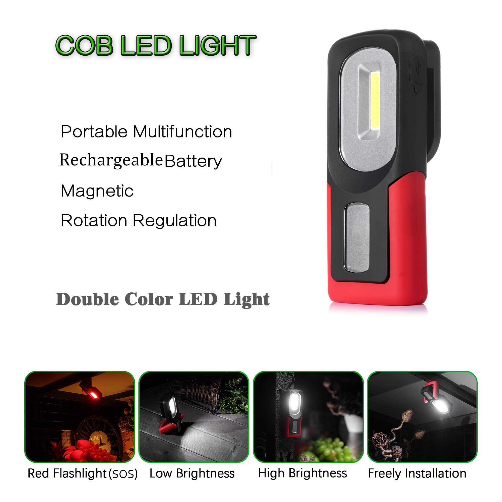 Aiprov Rechargeable LED Work Light,200 Lumens Magnetic Base And 360°Hanging Hook COB Flashlight, Waterproof Flood Light,SOS Red Warning Lights For Car Repairing,Outdoor Camping Fishing Hiking and Emergency