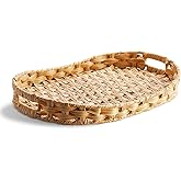 NiHome Synthetic Wicker Serving Tray with Handles,Decorative Ottoman Tray for Breakfast, Coffee Table, Living Room, Bathroom - Metal Frame Handwoven Synthetic Rattan (Oval, 16.5" x 12.2")