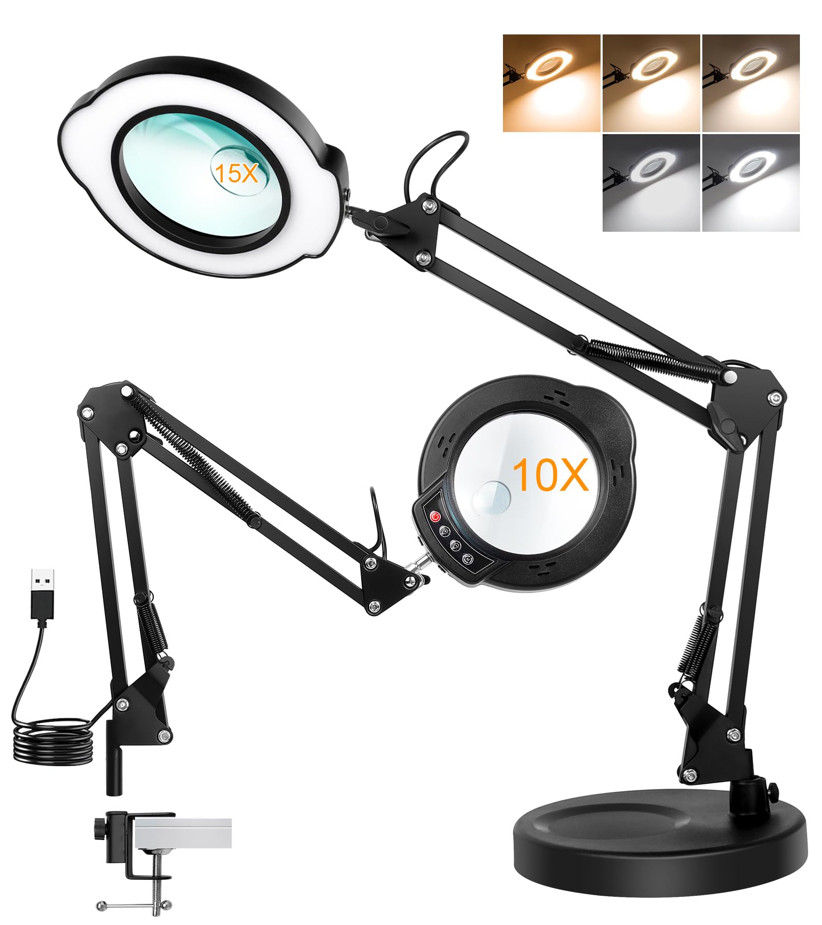 Photo 1 of 10X Magnifying Glass with Light and Stand, 2 in 1 Real Glass Lens Magnifying Desk Lamp, 5 Color Modes, Brightness Stepless Dimmable LED Lighted Magnifier Hands Free for Repair Craft Close Work