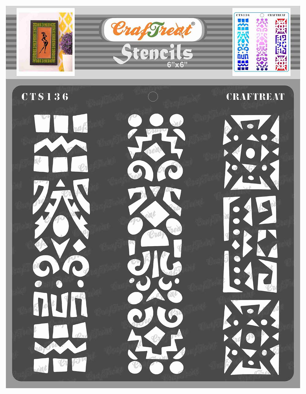 CrafTreat Reusable Indian Stencils for Painting on Wood, Wall, Tile, Canvas, Paper, Fabric and Floor - Folk Art Borders Stencil - 6x6 Inch - DIY Art and Craft Stencils - Indian Border Stencil
