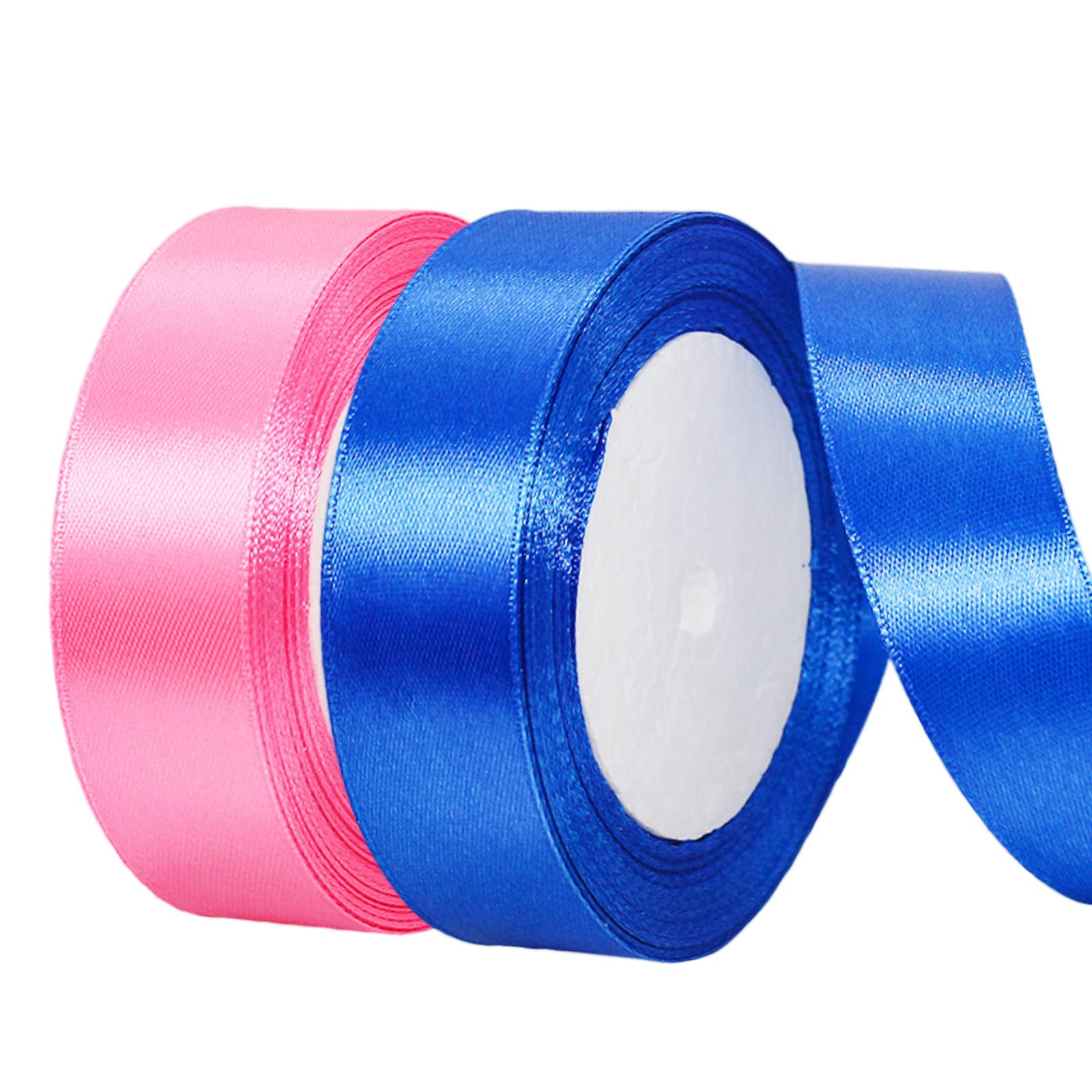 2 x 25mm Blue and Pink Ribbon Thick Wedding Car Ribbon 22m, 1 inch Blue Pink Thick Satin Ribbon for Gift Wrapping Wedding Christmas Birthday Cake Hair Bow Florist Bouquet Crafts Decorations