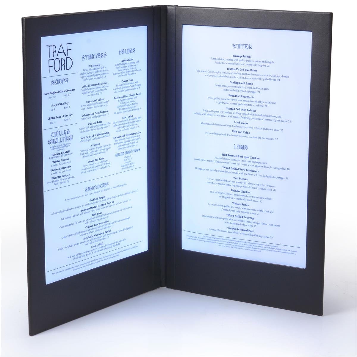 2panel Restaurant Menu Covers, 8.5x14, LED Backlit, Faux Leather Buy