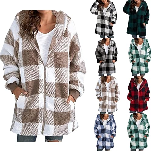 women's jackets, Fleece Jacket Women Fall Full Zip Hoodies Hooded Fluffy Coats Ladies Cardigans Oversized Winter Jackets Plus Size Longline Sweatshirt Outerwear Outfits Clothing Khaki