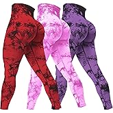 Rugkey Women's 3 Piece Yoga Leggings High Waist Tie Dye Seamless Scrunch Butt Lifting Athletic Booty Pants