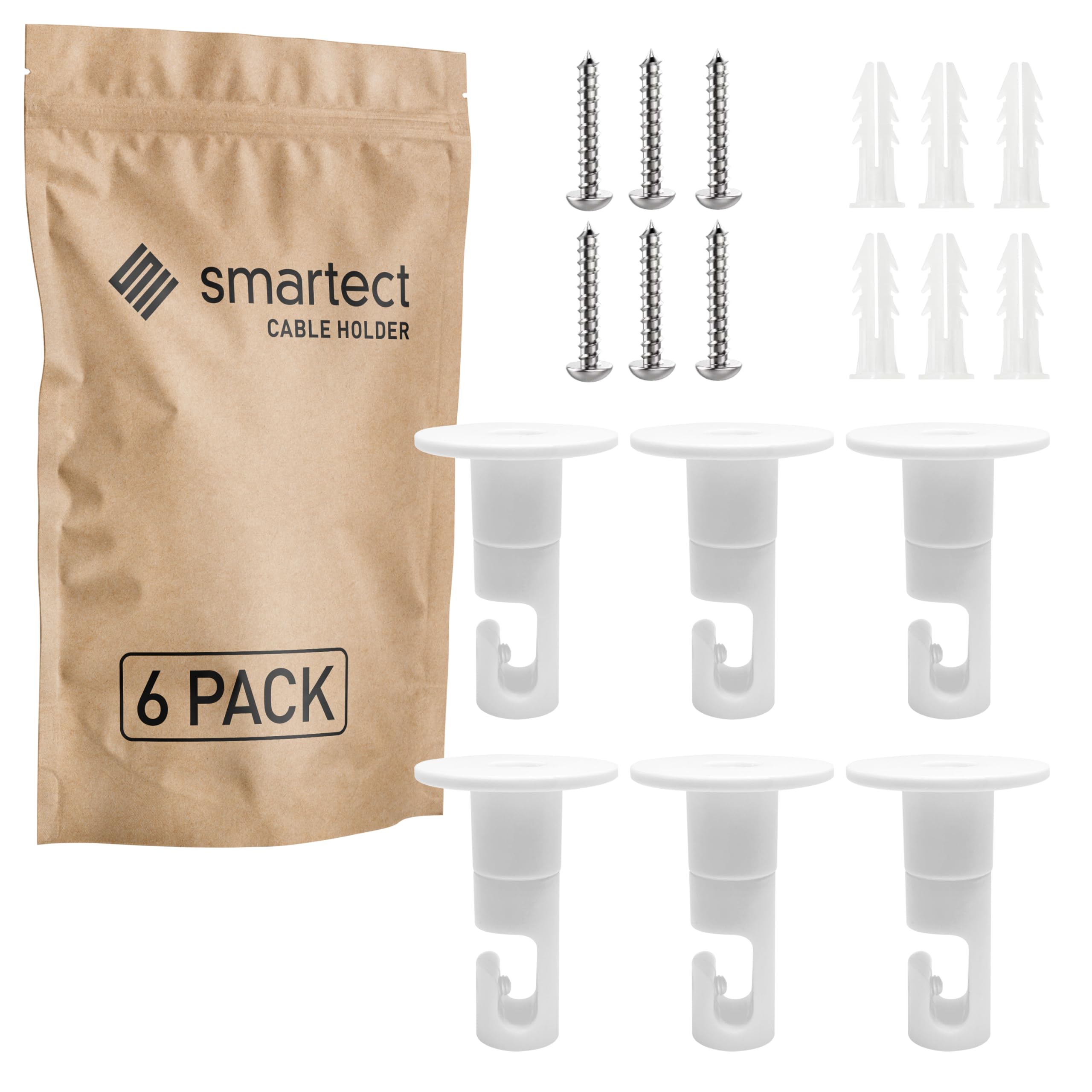 smartect Wall and Ceiling Pins for Hanging Textile Cables [6 Pieces, White] Cable Decentralizer with wall Plugs and Screws Included, Ceiling Light Hook for Your DIY Project