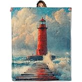 Retro Lighthouse Coastal Blanket 50X60 in, Sea and Ocean Waves Design, Flannel Throw Blankets for Travel Camping Sofa Living Room Decor, Lightweight Cozy Soft Fuzzy Gifts for Women Girls Kids
