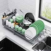 Kitsure Extendable Dish Drying Rack, Large Drying Dish Rack with Cutlery & Cup Holders, Multifunctional Dish Racks for Counter with Drainage, 18.2"-25.7" L x 12.9" W, Grey