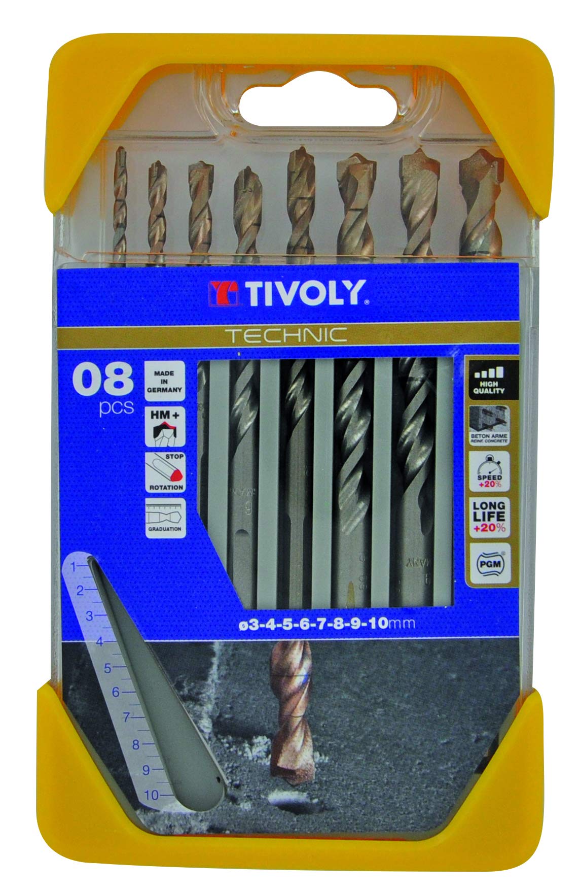 Tivoly B44 – Pack of 8 Drill Bits for Concrete, High Performance Range (Diameter of 3, 4, 5, 6, 7, 8, 9, 10 mm)