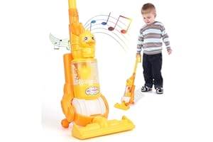 DULSAERA Pretend Kids Vacuum for Toddler, Kids Toy Vacuum with Light & Realistic Sounds, Musical Push Along Gift for Pretend Play Ages 4 5 6, Yellow