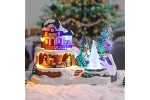 WONDER GARDEN Christmas Village Houses-Christmas Houses Village - Lighted Musical Railway Station Moving Train Town Sets with Revolving Acrylic Trees Animated Figurines for Indoor Decor or Gift