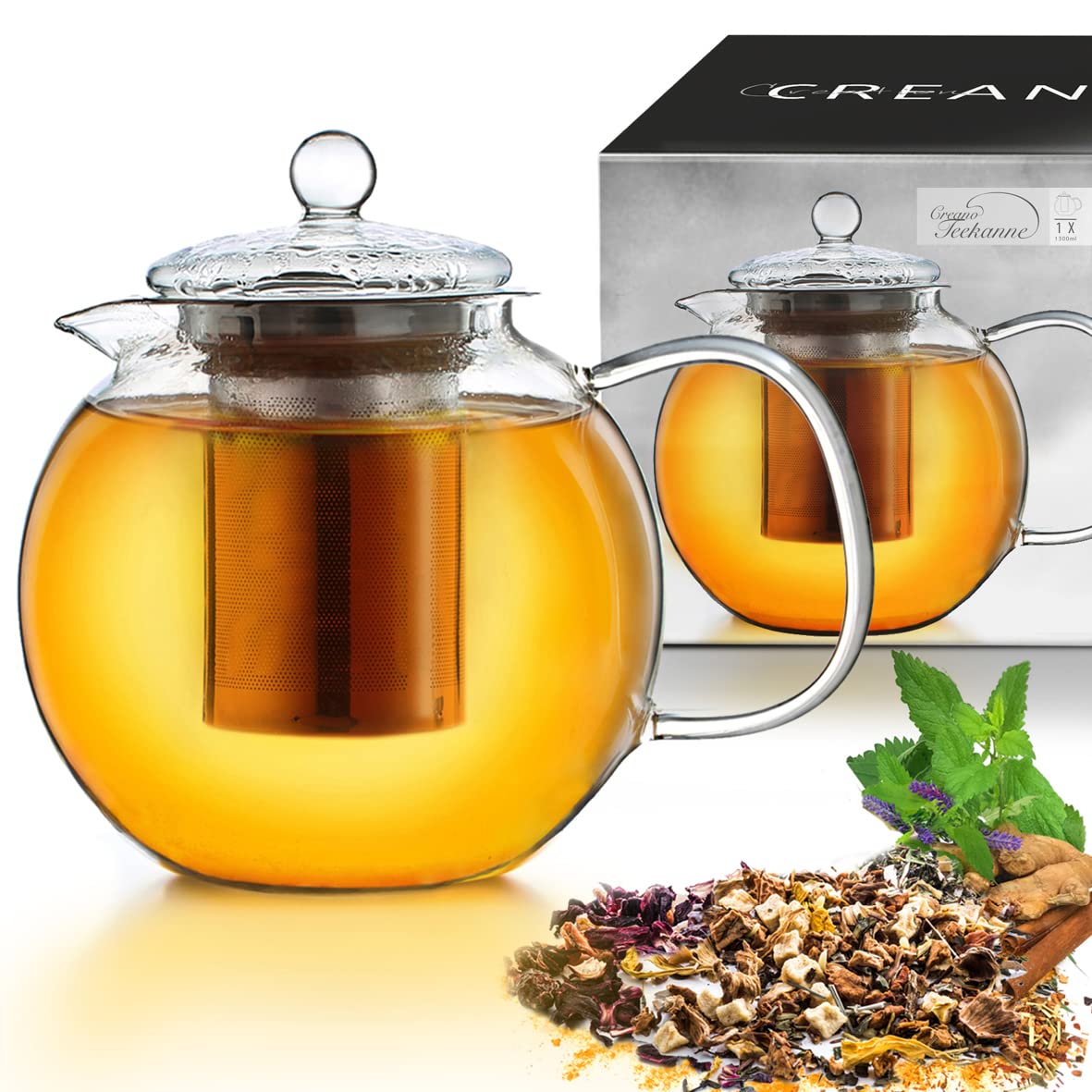 Creano Glass Teapot 1300ml - Stovetop Safe Tea Kettle with Stainless Steel Infuser and Glass Lid - Ideal for Preparing Loose Teas - Drip Free