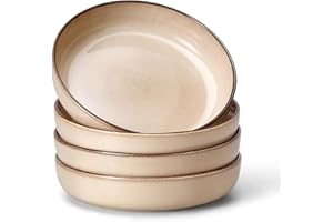 E-far Pasta Bowls Set of 4, 35oz Large Salad Bowls for Serving, Wide and Shallow Ceramic Bowls Plates for Pasta, Double React