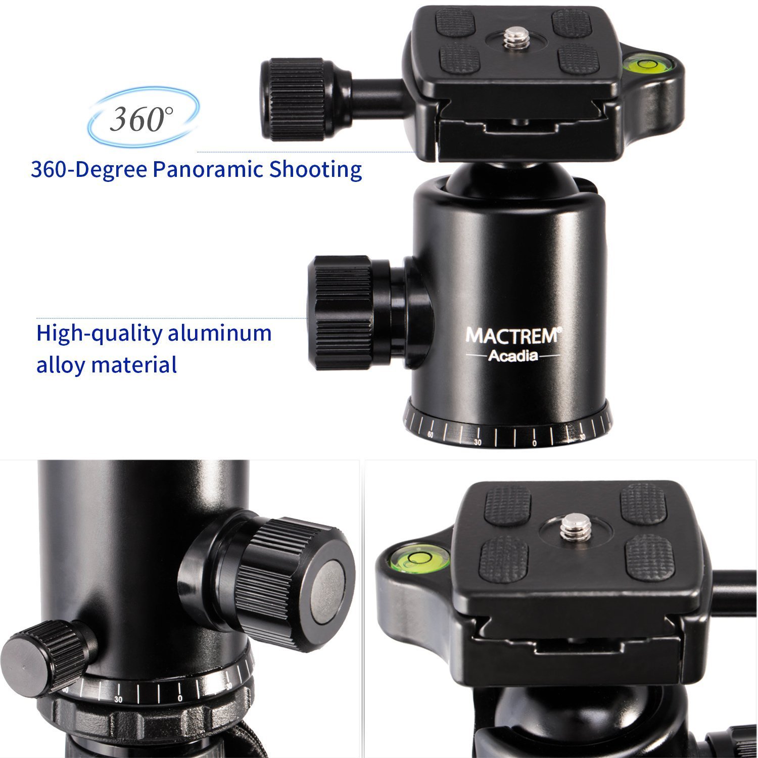 Tragbares Aluminium und Magnesium Kamerastativ Mactrem AT64, 163,8cm (64.5’’), abnehmbares Einbeinstativ, 360 Grad Kugelkopf, 63,5cm (¼’’) Schnellwechselplatte und Tragetasche für Digital/Video/Spiegelreflex Kameras – 15kg (33lbs) maximale 