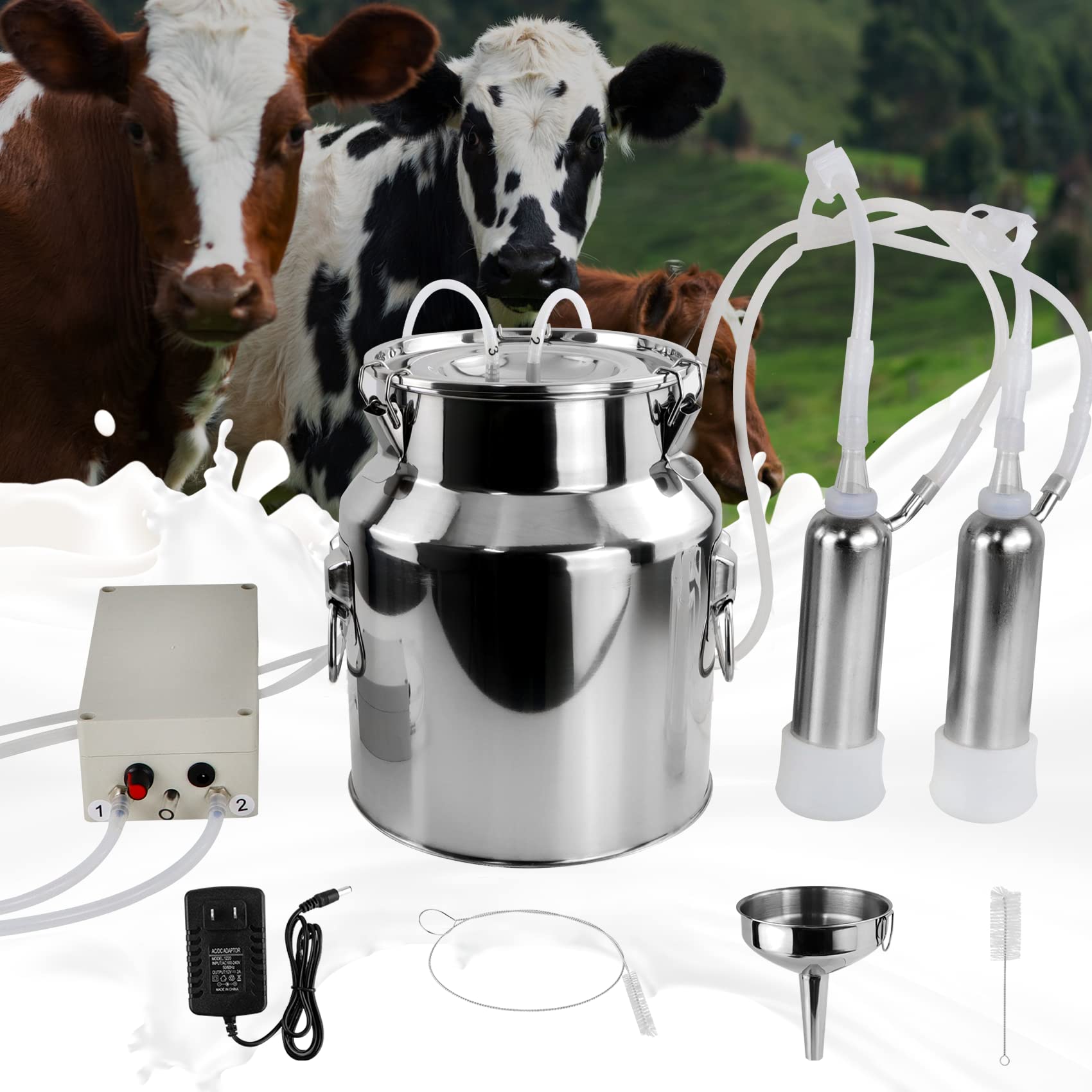 Photo 1 of 2025 Upgrade 14L Cow Milking Machine, Continuously Adjustable Suction Pulsation Vacuum Electric Milker, Portable Livstock Milking Machine with Stainless Bucket(US Plug)(14L Cow)
