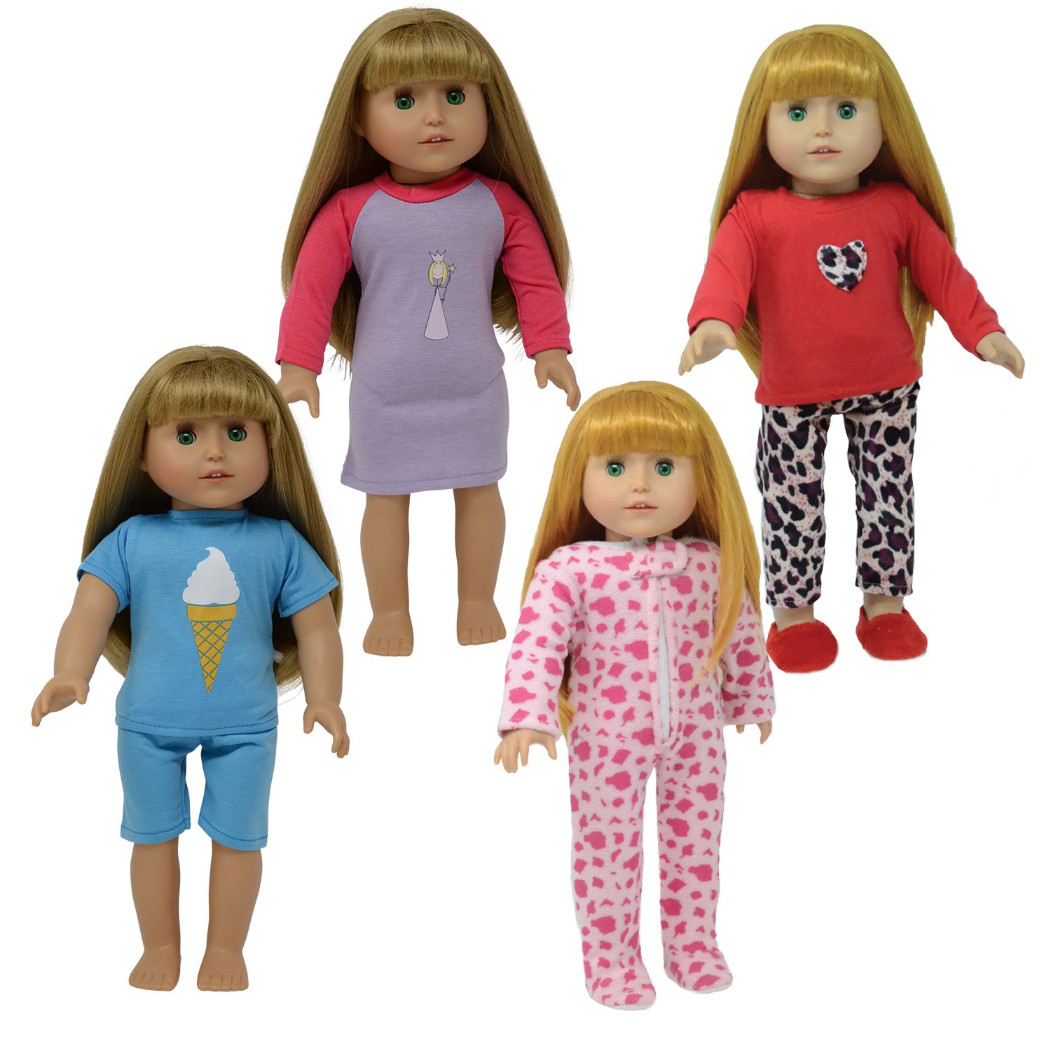 The New York Doll Collection Set of 4 Doll Pajamas - For Fashion Girl Dolls - Sleepwear Fits 18 inch / 46cm Dolls - Doll Clothes - Dolls Accessories