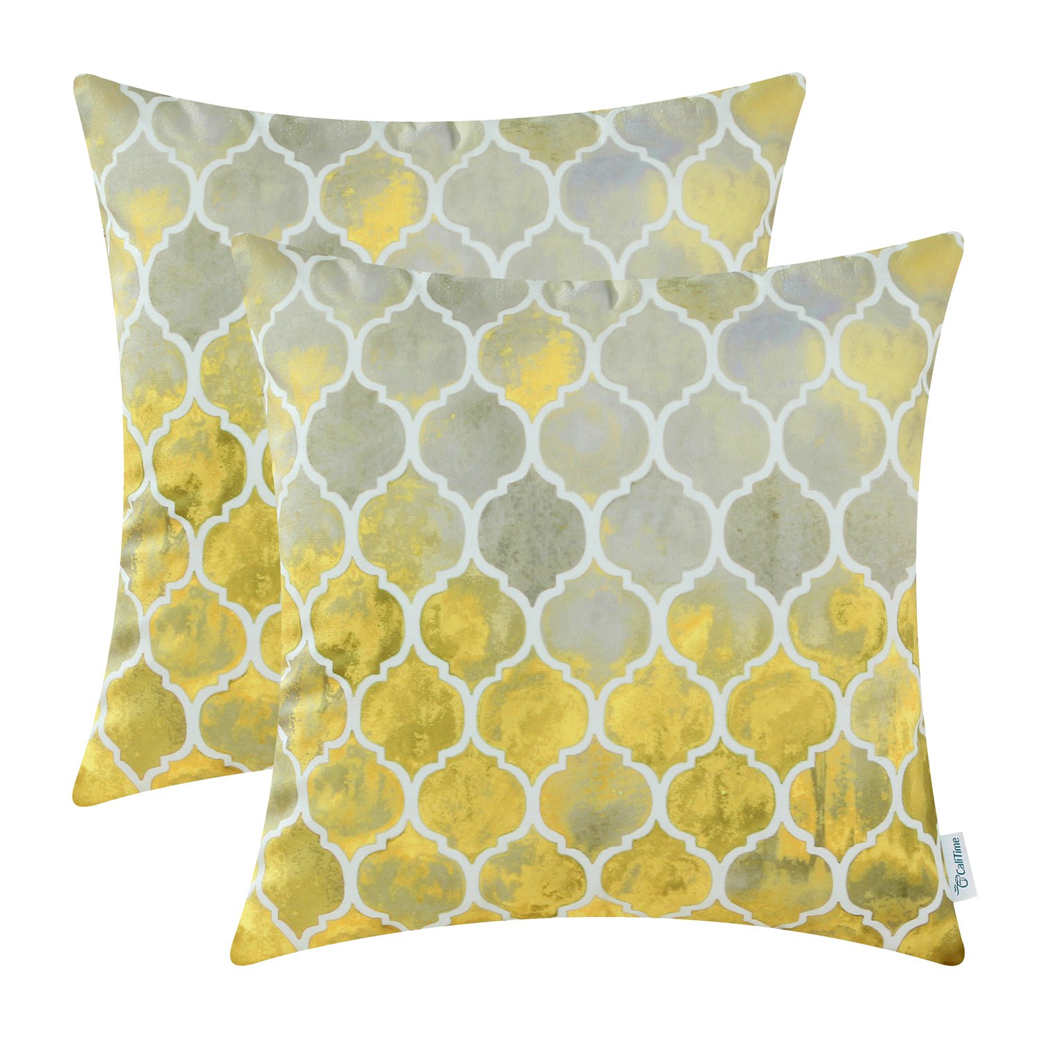 CaliTime Pack of 2 Cozy Throw Pillow Cases Covers for Couch Bed Sofa Manual Hand Painted Colorful Geometric Trellis Chain Print 40cm x 40cm Main Grey Yellow Gold — image 1