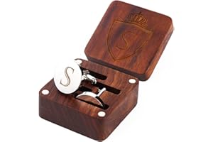 PROPHET CLUE PC Mens Initial Silver Cufflinks A-Z Alphabet Letter Steel Cuff Links with Engraved Walnut Wood Box Groom Groomsman Wedding Set…